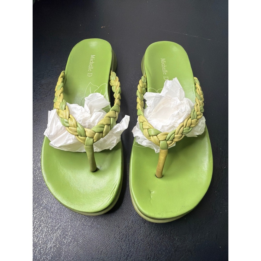 Michelle D Womens Green Leather Thong Sandals Braided Wedge Flip Flops 8